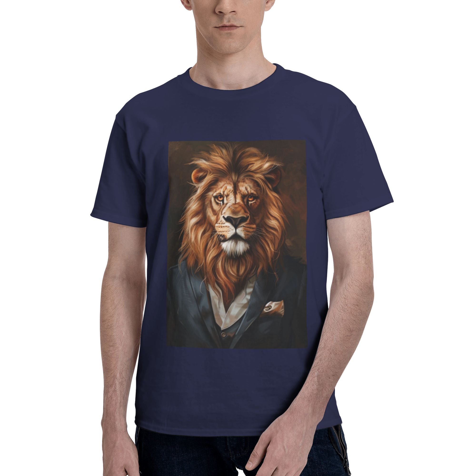 lion-gentleman-portrait-printed-cotton-short-sleeve-t-shirt-navy-blue